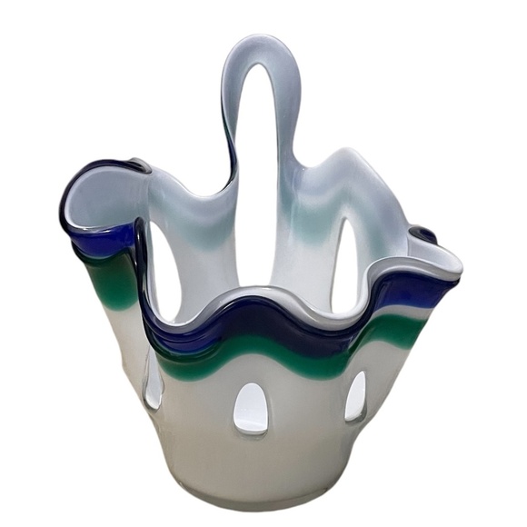 Mid Century Vintage Handmade Ruffle Blue and White Artistic Glass Vase, - Picture 2 of 11